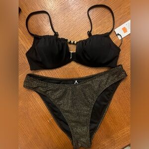 Black Bikini Set with Gold Metallic Accent - Women's Two-Piece Swim